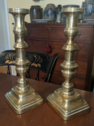 Large Pair Antique Brass Push - Up Candlestick Holders 19th Century Lighting