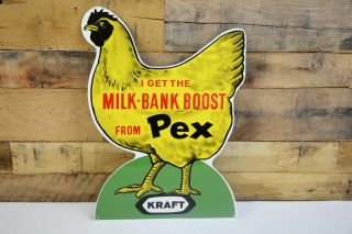 Vintage 1960s Kraft Pex Chicken Feed Poultry Farm 19 " Embossed Metal Sign Seed