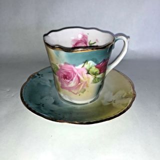 Carl Tielsch Germany Pink Rose Teal Porcelain Cup & Saucer Circa 1875 - 1934