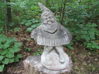 Vintage Cement 11 " Gnome Elf W/concertina Mossy Garden Statue Weathered Concrete