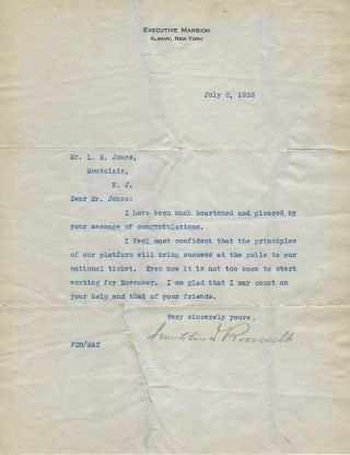 Franklin D.  Roosevelt,  Signed Tls Dated July 6,  1932,  Jsa Certified