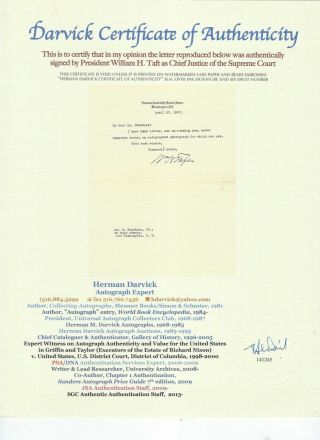 WILLIAM H.  TAFT,  signed TLS,  dated April 27,  1927,  Darvick Autographs certified 2