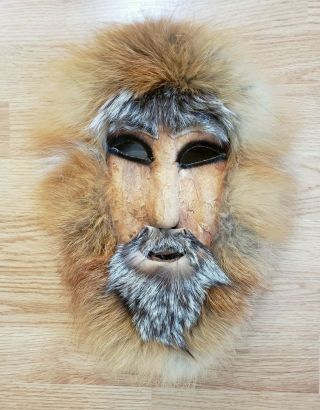 Mask Alaskan Eskimo Decor Costume Fur Leather Native Folk Art Halloween 14 " X8x3