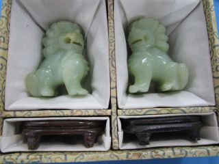 Pair Vintage Jade Set Chinese Foo Dog Lion Hand Carved Figures W/ Stands