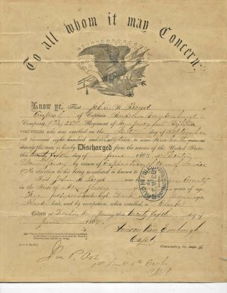 1863 Civil War Discharge Papers Union Army Corporal John A Boyd,
