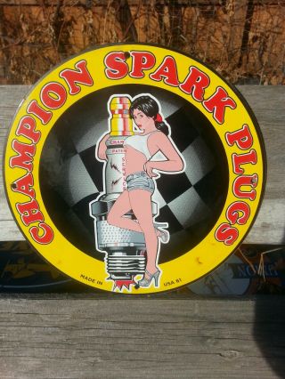 Vintage 1961 Champion Spark Plug Porcelain Sign Gas Station Oil Pump Pinup Nos