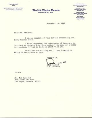 Paul Laxalt - Typed Letter Signed 11/18/1981