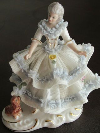 Antique Dresden Lace Porcelain Figurine Lady & Dog - Puppy - Crown Mark - Small - Mini - ?