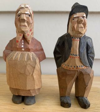 Vintage Danish Wood Carving Old Man & Woman Danmark Denmark Folk Art Figure