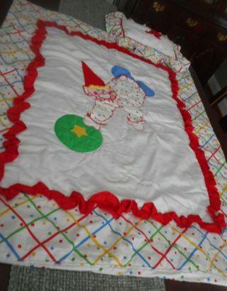 Vintage Judi - S Crib Quilt And Pillow Clown Pattern Red Ruffle Primary Colors Euc
