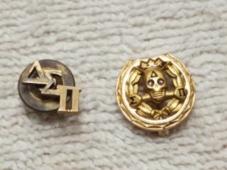 Vintage Delta Sigma Pi Skull Badge Gold Amethyst Greek Fraternity Pin Two Pins