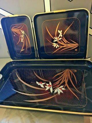 Vintage Black Lacquer Japanese Tray With Red& White Flowers And Gold Trim