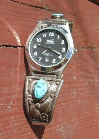Detailed Sterling & Turquoise Watchband On Milan Calendar Watch
