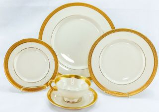 Lenox Lowell 5 Piece Place Setting Gold Encrusted Usa Vintage Gold Stamp Exc