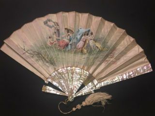 Antique Victorian French Carved Mother Of Pearl Hand Painted Scene Silk Fan