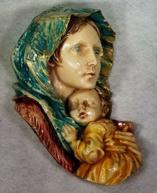Madonna Mother Mary & Baby Jesus Resin Wall Plaque Made In Italy Vintage