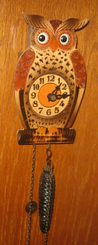 Bachmaier & Klemmer Pendulum Driven WAGGING EYES OWL CLOCK German Made 3