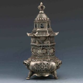 Chinese Tibet Silver Handwork - Carved Pagoda Incense Burner