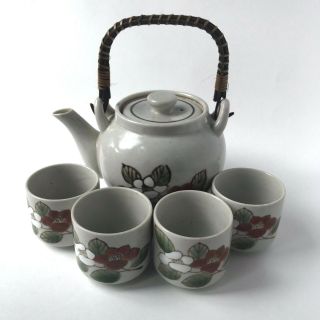 Vtg Otagiri Japan Hand Crafted Painted Pottery Tea Set Teapot & 4 Cups Flowers