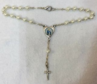 Virgin Mary Rosary Crucifix Cross Faux Pearl Rear View Mirror Charm Italy 11 "