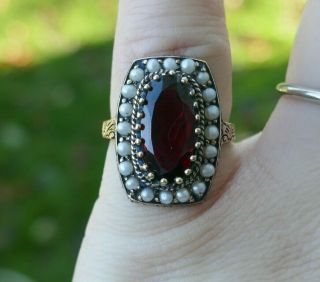 Vintage 10kt Yellow Gold Garnet & Seed Pearl Antiqued Ring - Size 5.  5