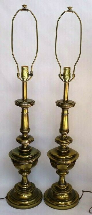 Pair Stiffel Brass Trophy Urn Table Lamps With 3 - Way Lights