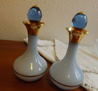 Pair Antique Cased Blue Glass & Gold Vanity Barber Bottles Bohemian Czech?