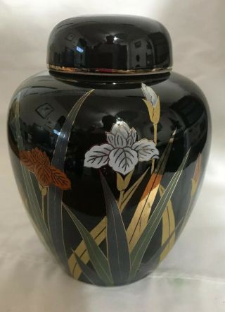 Otagiri Black Ginger Jar With Gold Rim And Top Lid Japan 6 Inches Tall Floral