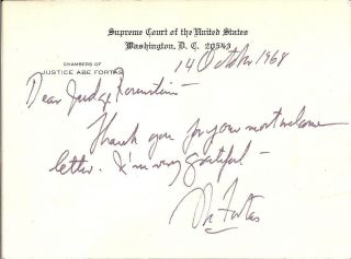Abe Fortas,  Supreme Court Handwritten Postcard 6 " X 4 " Signed From 1968 W/