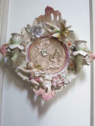 Vintage Porcelain Capodimonte Cherubs Flowers Hanging Double Candle Holder