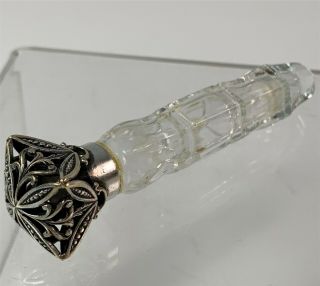 Antique Glass Laydown Perfume Bottle With Openwork Silver Cap