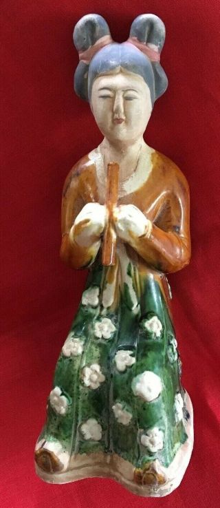 Vintage Chinese Mud Man Mud Woman Figure Playing Flute 8 - 3/4 " In Height