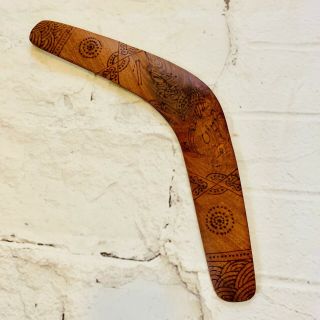 Authentic Hand Made Australian Wooden Boomerang With Wood Burning Etching