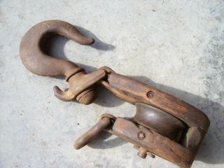 Antique Anvil Pulley Open Hook,  Snatch Block & Tackle,  Wood And Metal Vintage