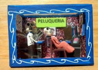 Hairdresser Mexican Day Of The Dead Shadow Box Diorama Mexico Peluqueria Barber
