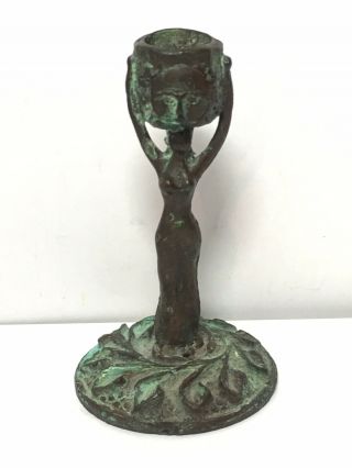 Vintage Gothic Art Deco Style Female Woman Carrying Basket Bronze Candlestick 3 "