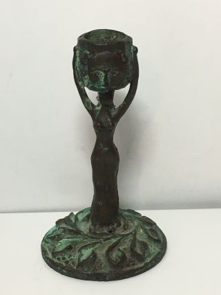Vintage Gothic Art Deco Style Female Woman Carrying Basket Bronze Candlestick 3 