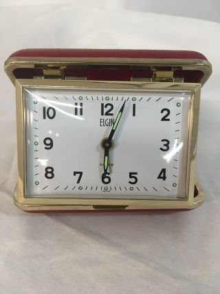 Vintage Elgin Wind Up Travel Alarm Clock Red Shell Case (02)