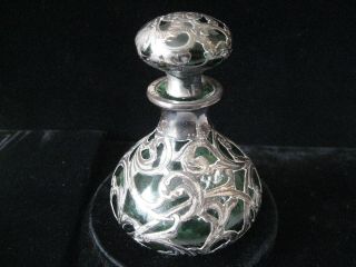 Art Noveau - - Vintage - - Emerald Green - - Sterlingsilver Overlay Perfume Bottle