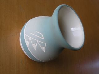 Vintage Native American Sioux Indian Pottery Vase Signed S.  Thunder Teal Carved