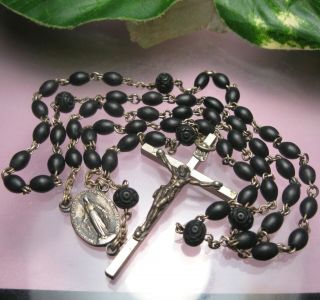 Vintage 20 " Carved Ebony Wood Rosary France Complete W/ Miraculous Medal