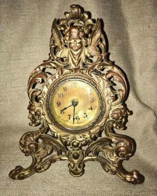 Antique L.  Gilbert Clock Co.  Cherub Figural Painted Copper? Mantle Shelf