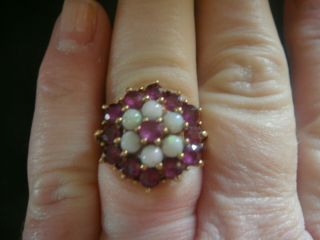 Vintage Large Natural Australian Opal & Ruby 9ct Gold Ring Size P 1/2 5.  4grm