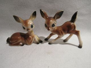 2 Vintage Hard Plastic Big Eye Deer Figurines Doe Fawn Japan