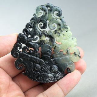 3  China Old Jade Hand - Carved Ancient Double Phoenix Beast Jade Pendant 2138