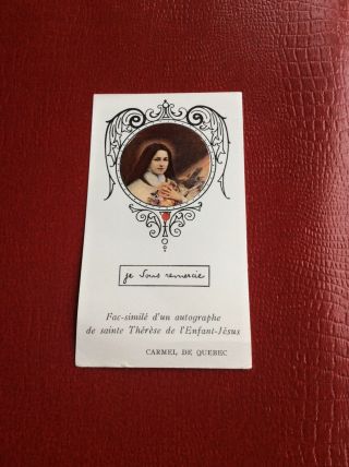 Reliquary Holy Card W Relic To Therese De L’enfant Jesus Carmel Quebec