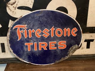 Vintage Firestone Tires 21 " 2 - Sided Porcelain Metal Gas Station Sign