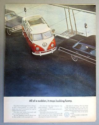 10x14 1964 Volkswagen Bus Ad All Of A Sudden.  It Stops Looking Funny
