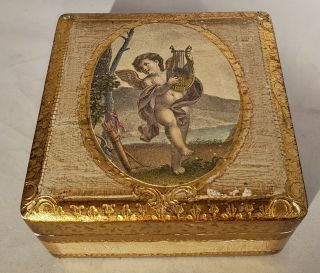 Vintage Florentine Italy Gilt Gold Wooden Toleware Trinket Box Cherub