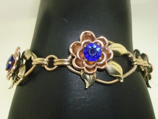 Vintage Harry Isking Rose & Yellow Gold Filled W/blue Rhinestone Flower Bracelet